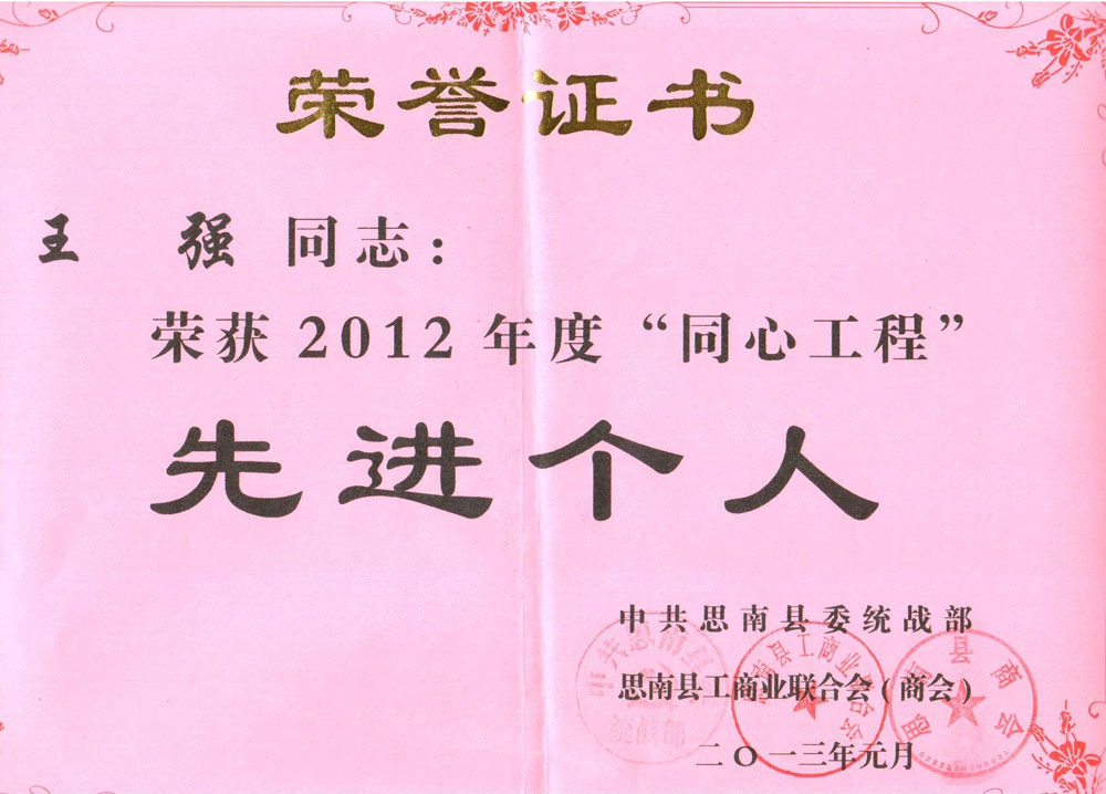 王強，2012年度“同心工程”先進個人